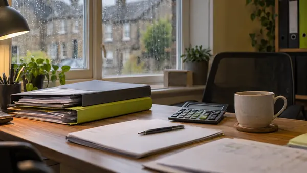 A tidy accountant's desk with paper folders, a calculator and a cup of tea by a rainy window.