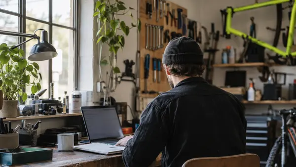 A workshop owner sits at a laptop beside paperwork and tools in a small repair business office.