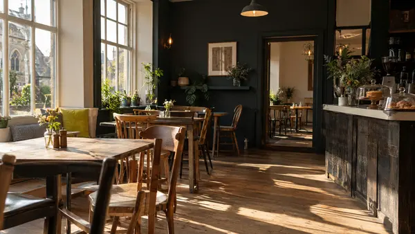 A quiet cafe in the afternoon with empty tables and sunlight across the floor.