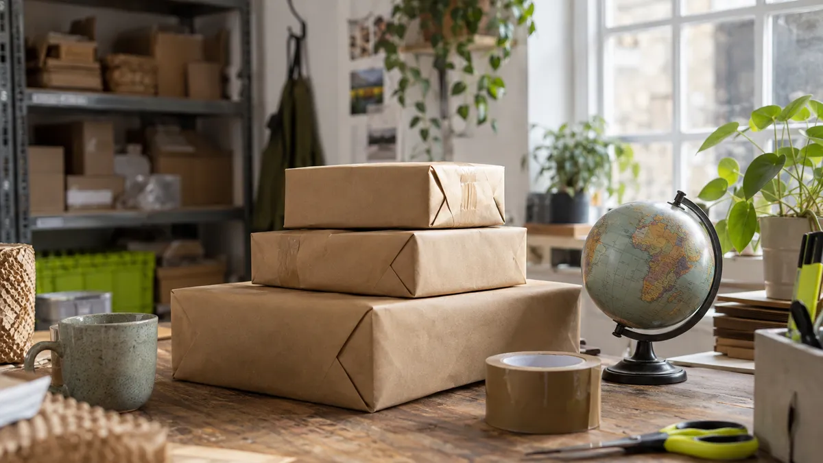 Plain brown parcels and a small desk globe on a packing table in a small online shop stockroom.